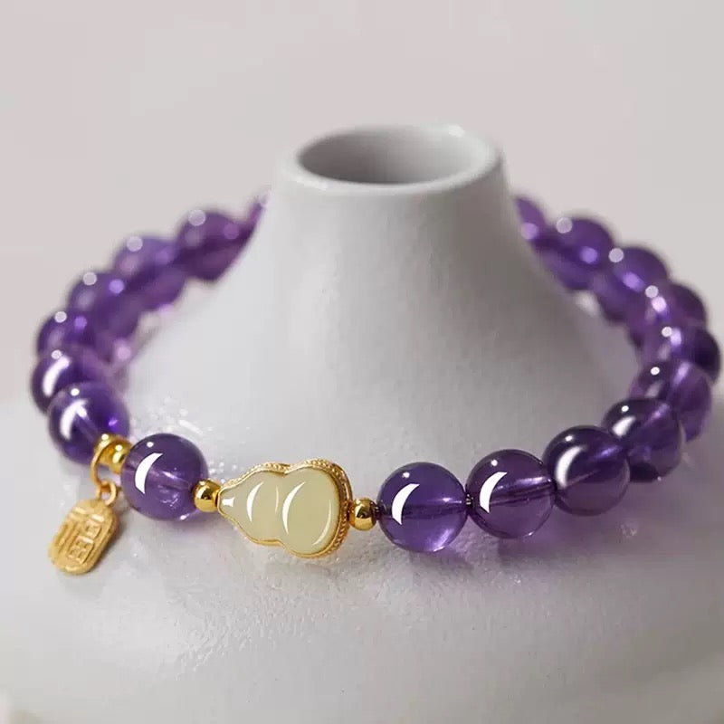 Amethyst Bracelet with Jade Gourd & Fortune Charm