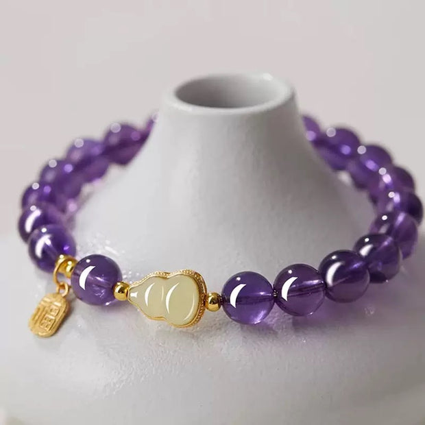 Amethyst Bracelet with Jade Gourd & Fortune Charm