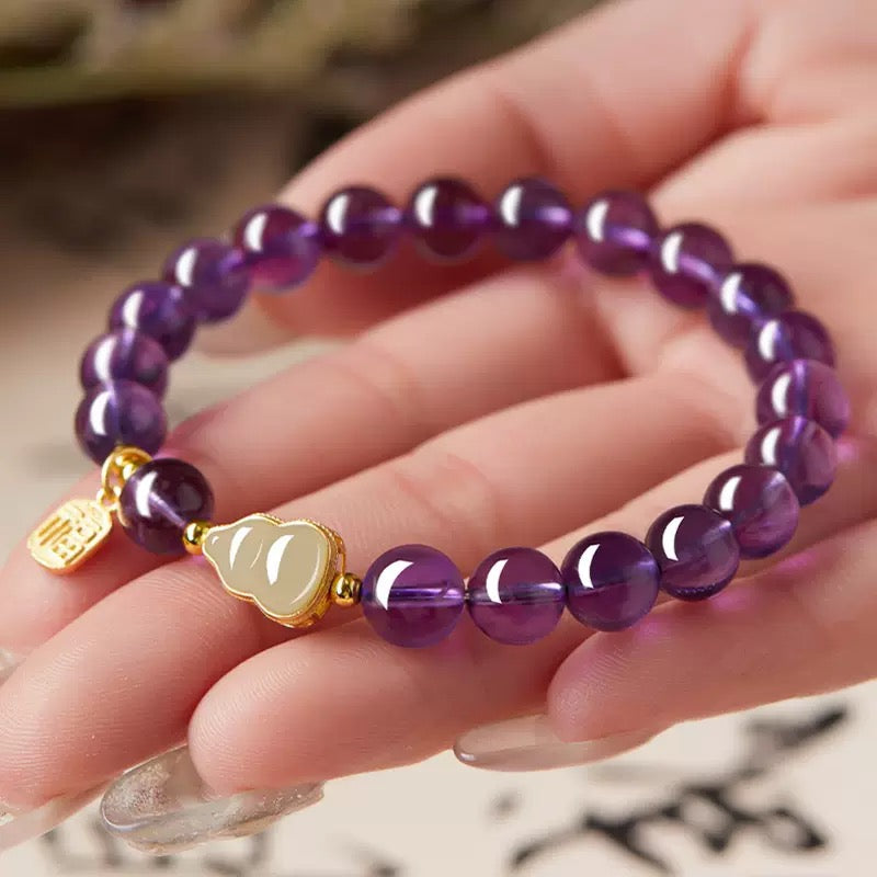 Amethyst Bracelet with Jade Gourd & Fortune Charm