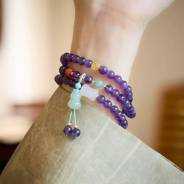 Amethyst & Jade Gourd Triple-Wrap Bracelet