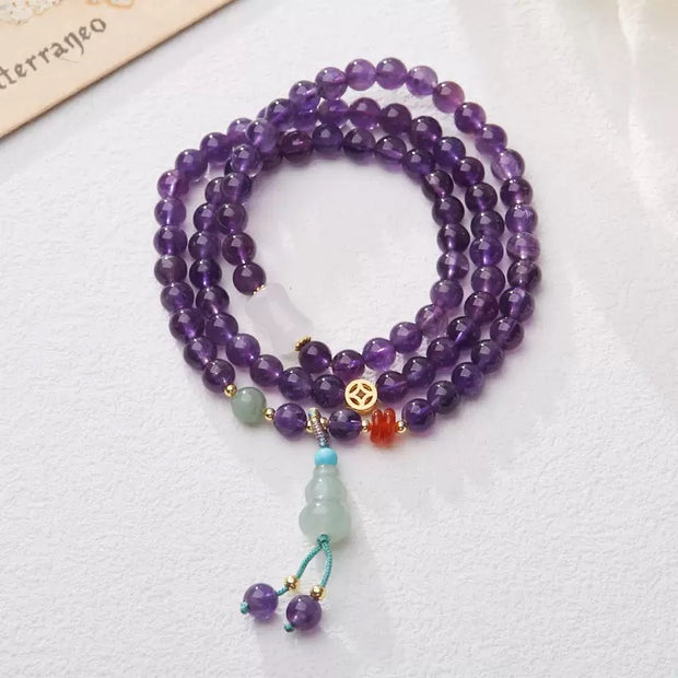 Amethyst & Jade Gourd Triple-Wrap Bracelet